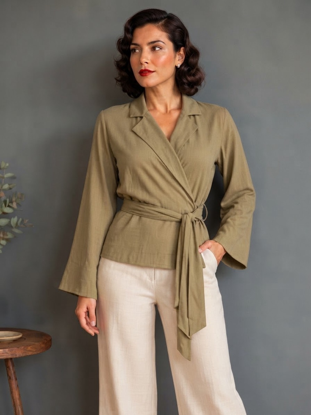 NWT Banana Republic Womens XS Blazer Wrap Top Blouse Tan Khaki Long Sleeve Shirt